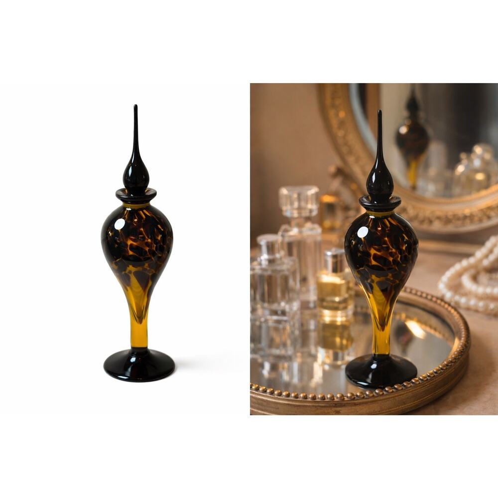Vintage Silvestri Italy Art Glass Perfume Bottle Amber Black Stopper